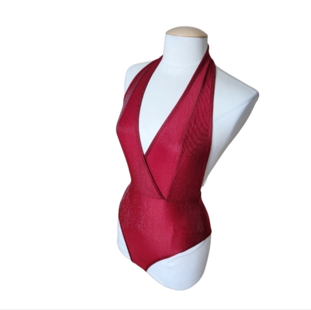 NWOT Shein Red Mesh Halter Top Body Suit - Picture 3 of 7